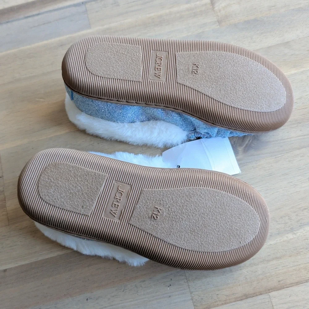 J.Crew Crewcuts Kids‎ Glitter Slippers Size K12 Blue White Faux Fur NEW!